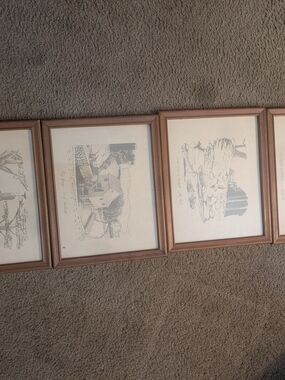 Framed Coastal Sketch Wall Art - Brown Frame